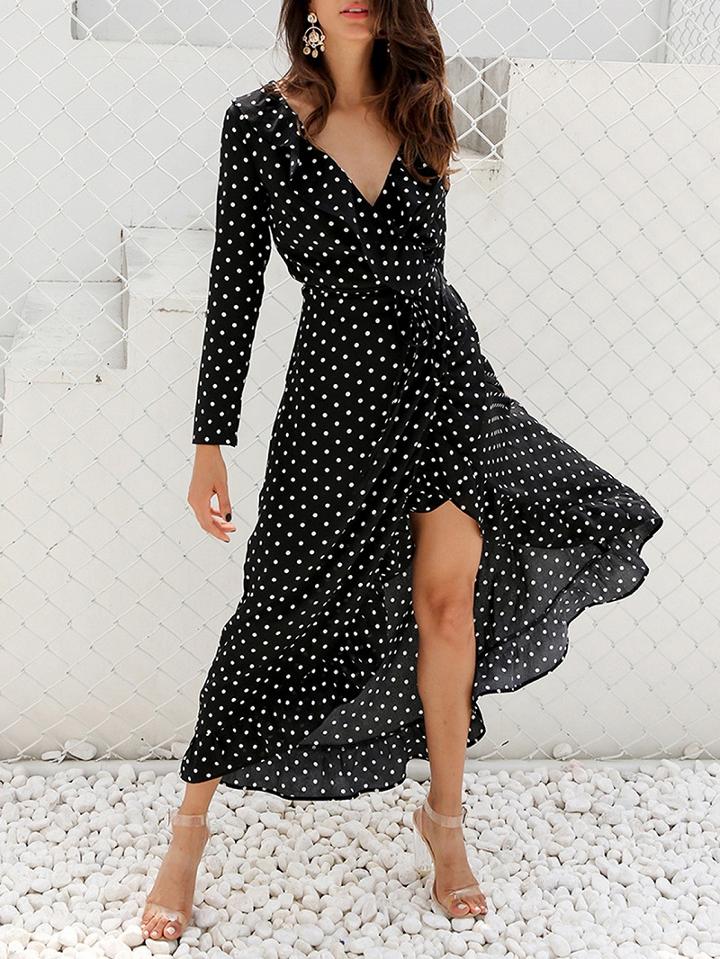 Choies Black Polka Dot Cotton V-neck Long Sleeve Chic Women Hi-lo Midi Dress