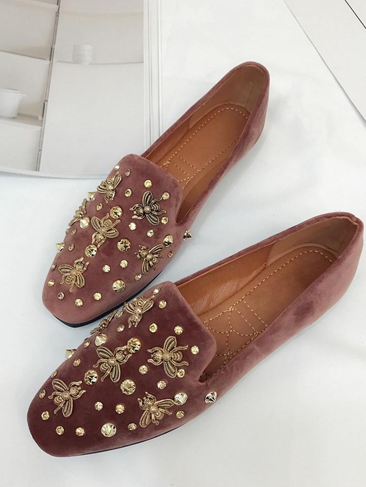 Choies Pink Velvet Beaded Bee Embellished Flat Loafer