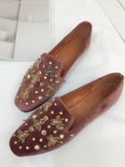 Choies Pink Velvet Beaded Bee Embellished Flat Loafer