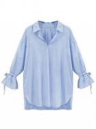 Choies Blue Stripe Side Split Long Sleeve Shirt