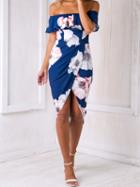 Choies Dark Blue Off Shoulder Floral Print Wrap Asymetric Dress