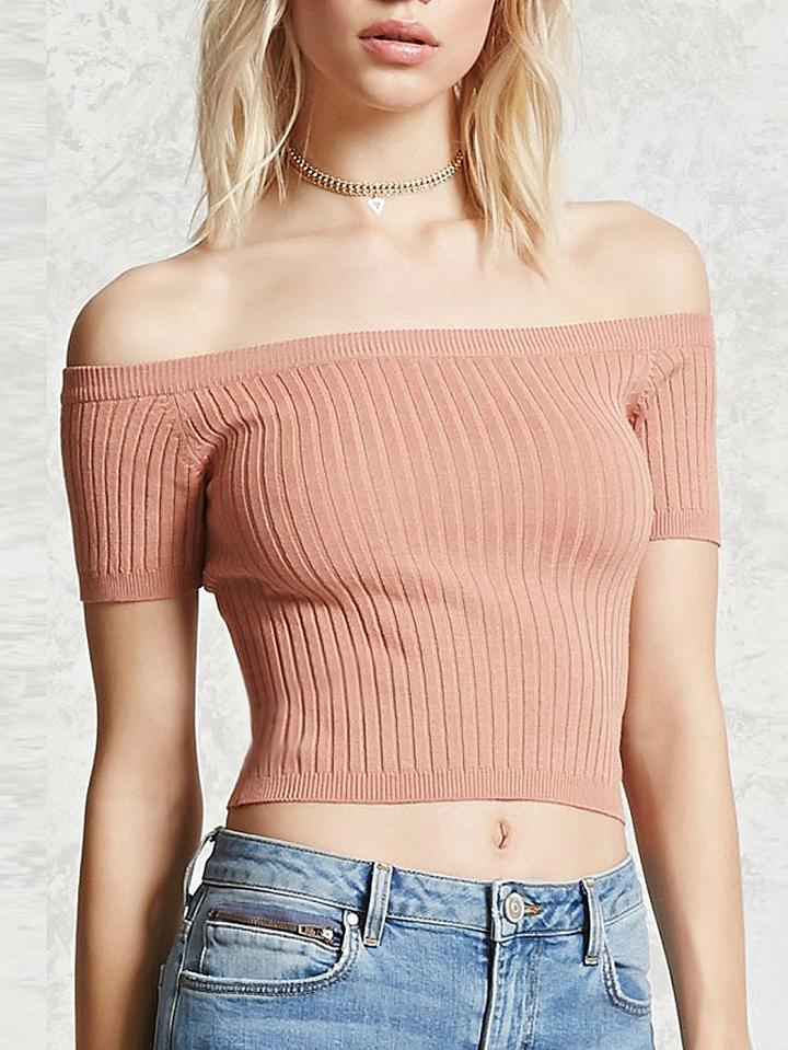 Choies Pink Off Shoulder Short Sleeve Ribbed Cop Top