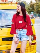 Choies Red Letter Print Ripped Sleeve D-ring Detail T-shirt