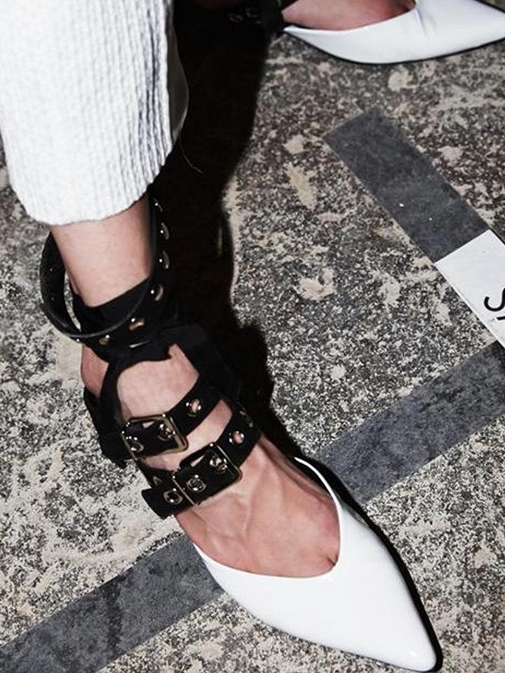 Choies White Pointed Multi Buckle Strap Tie Leg Block Heeled Shoes