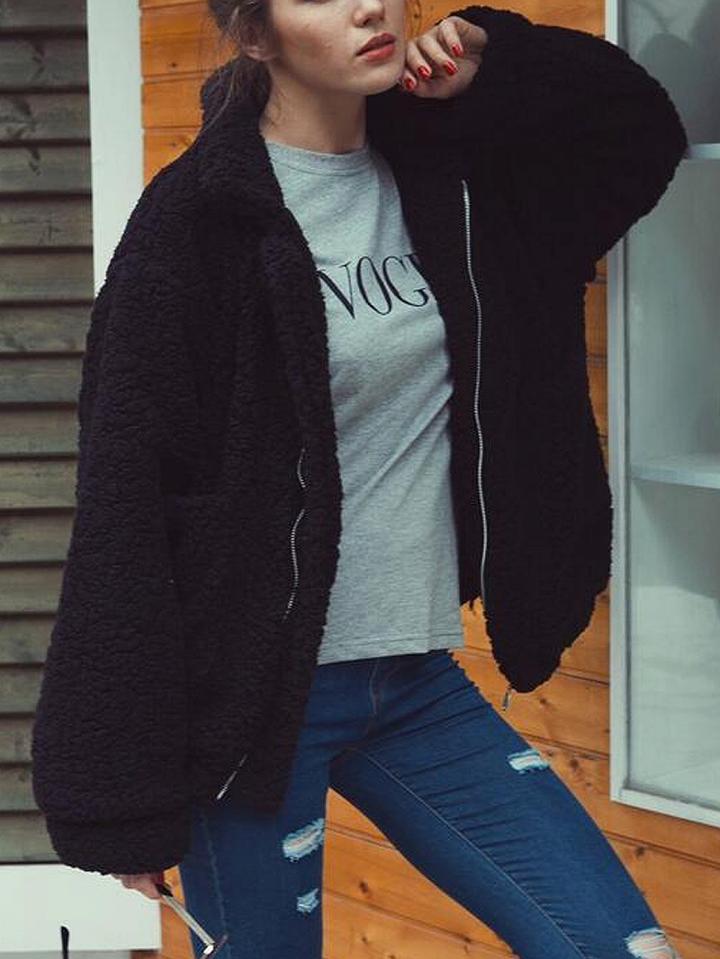 Choies Black Lapel Long Sleeve Faux Shearling Coat