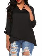 Choies Black V-neck Dipped Hem Long Sleeve Blouse