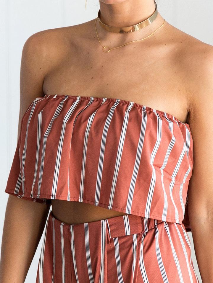 Choies Reddish Brown Striped Ruffle Bandeau Crop Top Co-ord