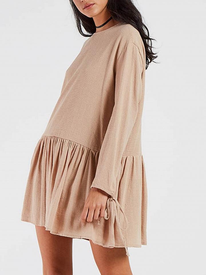Choies Khaki Frill Hem Button Back Long Sleeve Tie Cuff Dress