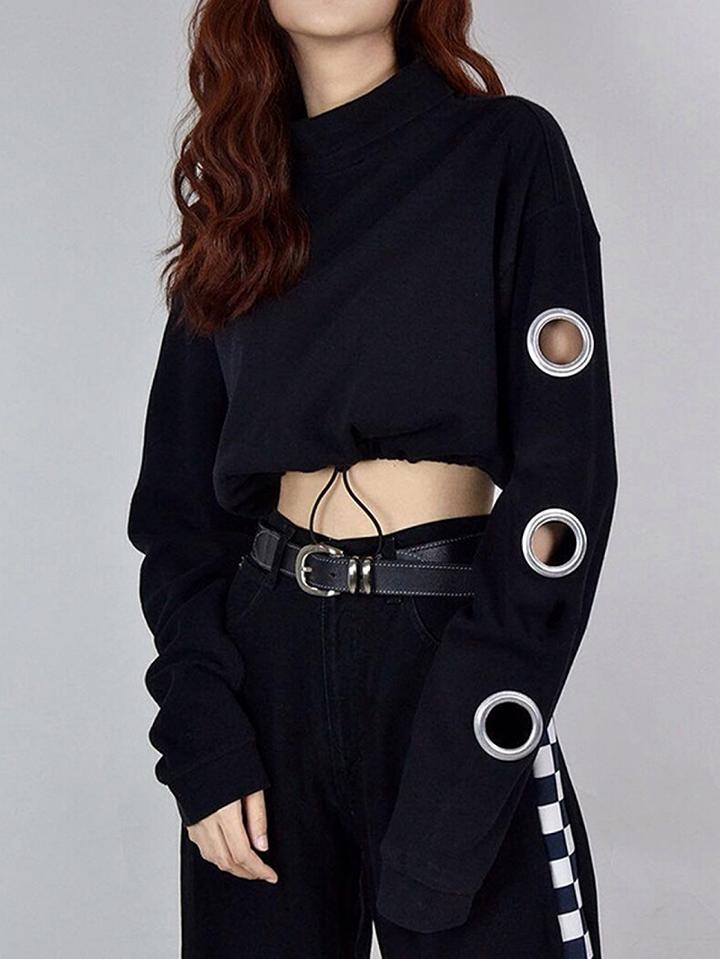 Choies Black High Neck Eyelet Detail Drawstring Hem Crop Sweatshirt