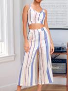 Choies Multicolor Stripe Cotton V-neck Chic Women Crop Cami Top And Pants