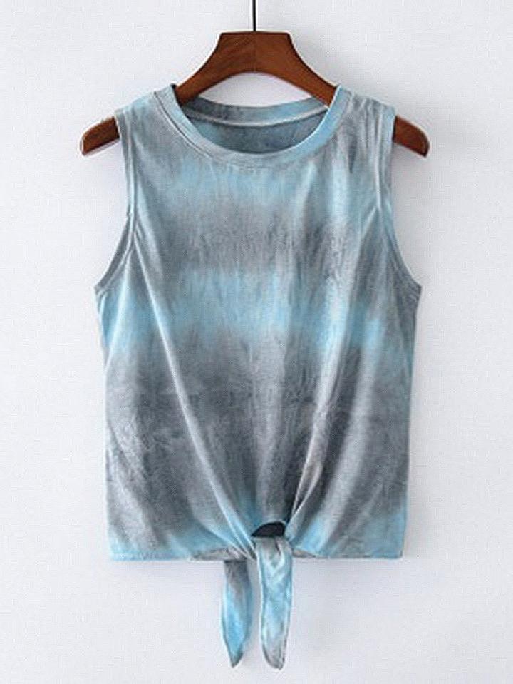 Choies Gray Cotton Printed Detail Tie Hem Chic Women Vest