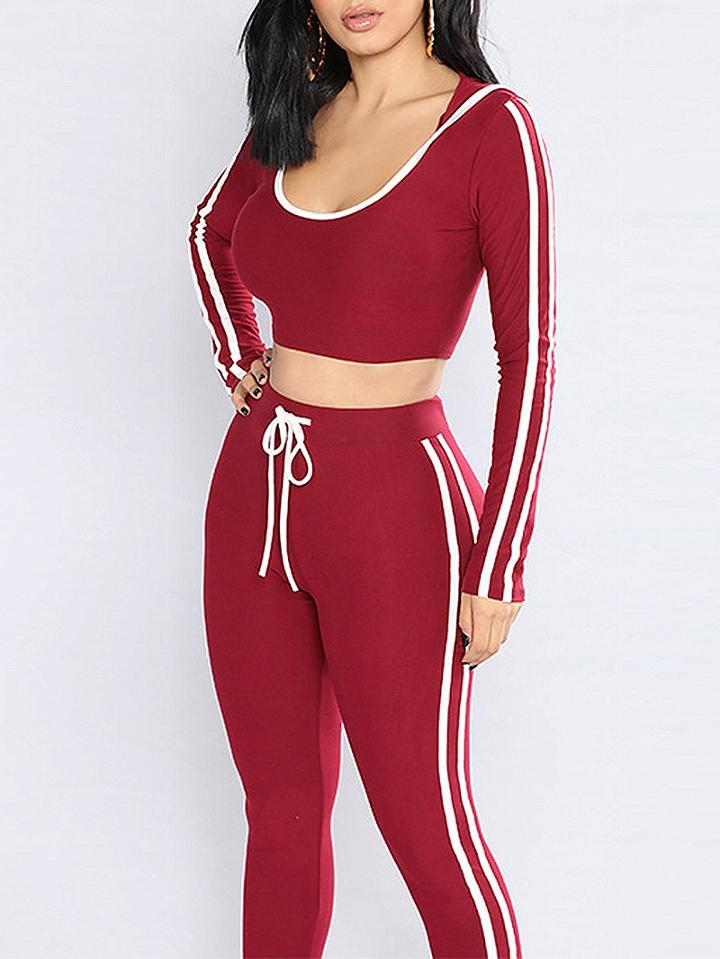 Choies Red Stripe Long Sleeve Crop Hoodie And High Waist Pants