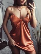Choies Orange Satin Look Halter V-neck Open Back Chic Women Cami Mini Dress