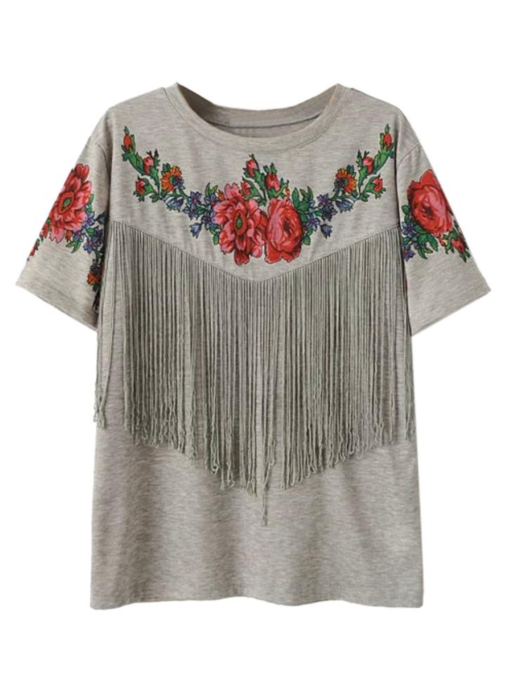 Choies Gray Floral And Tasseles Short Sleeve T-shirt