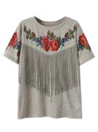 Choies Gray Floral And Tasseles Short Sleeve T-shirt