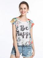 Choies Polychrome Letter And Floral Print Short Sleeve T-shirt
