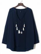 Choies Blue V-neck Texture Tassel Dipped Back Blouse