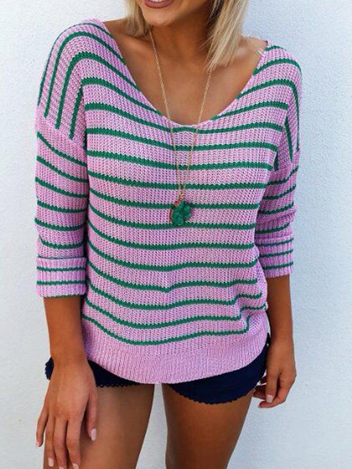 Choies Purple Stripe Knot Back Long Sleeve Women Sweater