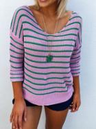 Choies Purple Stripe Knot Back Long Sleeve Women Sweater