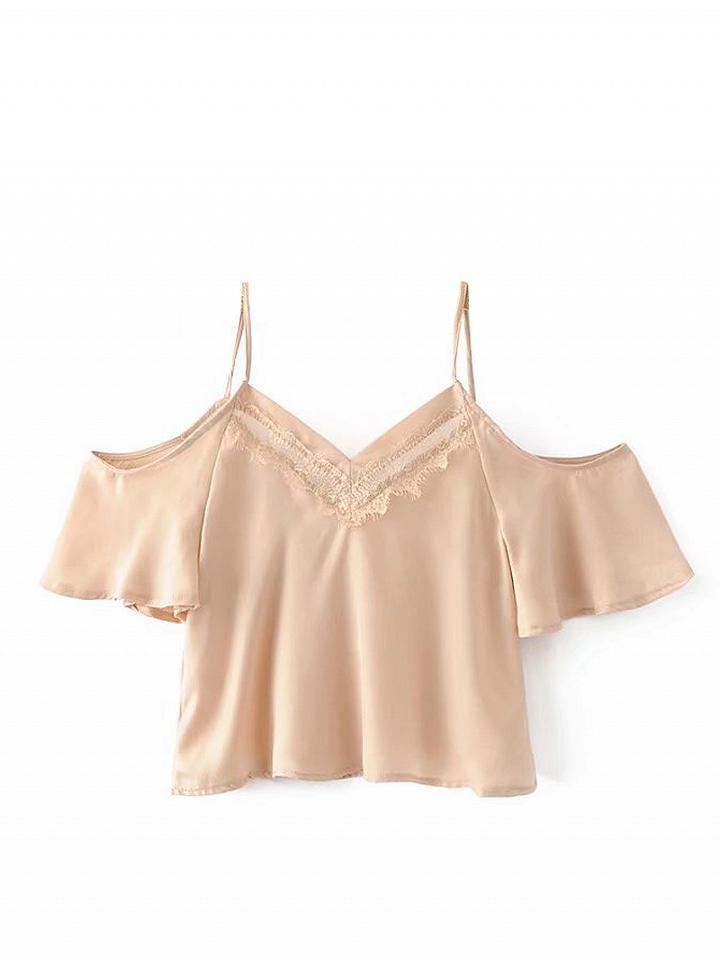 Choies Beige V-neck Sheer Lace Panel Cold Shoulder Cami Blouse Top
