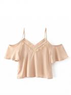 Choies Beige V-neck Sheer Lace Panel Cold Shoulder Cami Blouse Top