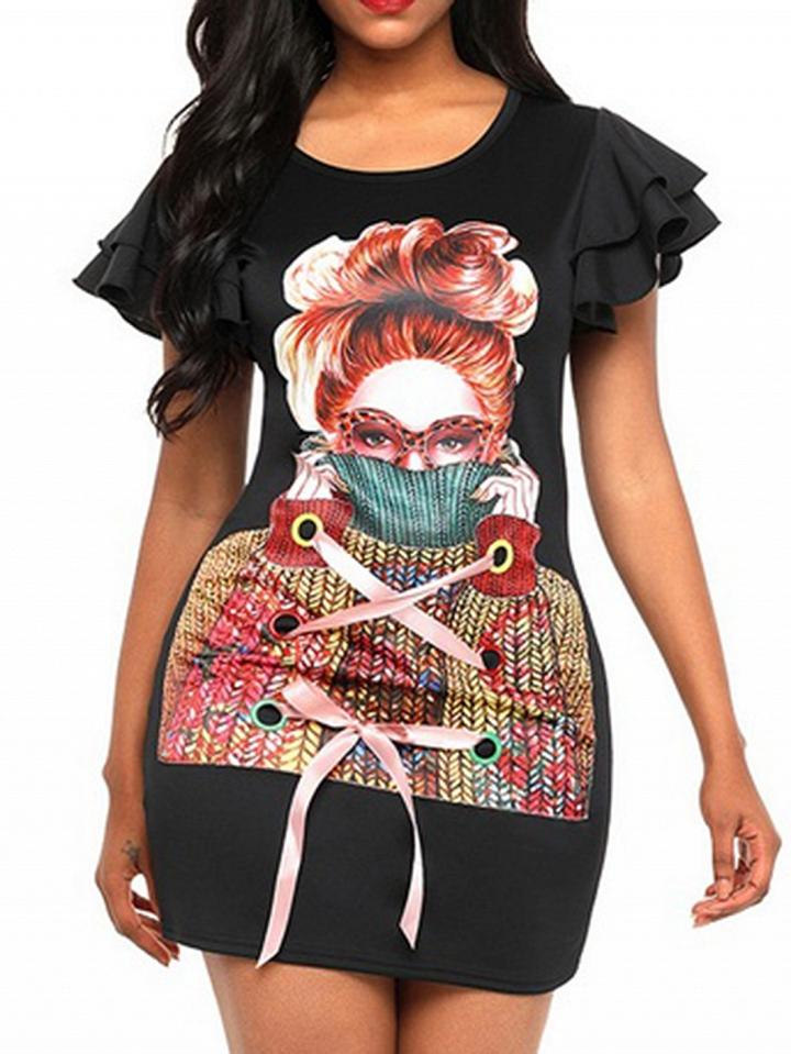 Choies Black Character Print Eyelet Lace Up Front Bodycon Mini Dress