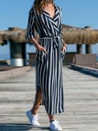 Choies Black Stripe Chiffon V-neck Tie Waist Long Sleeve Women Maxi Dress