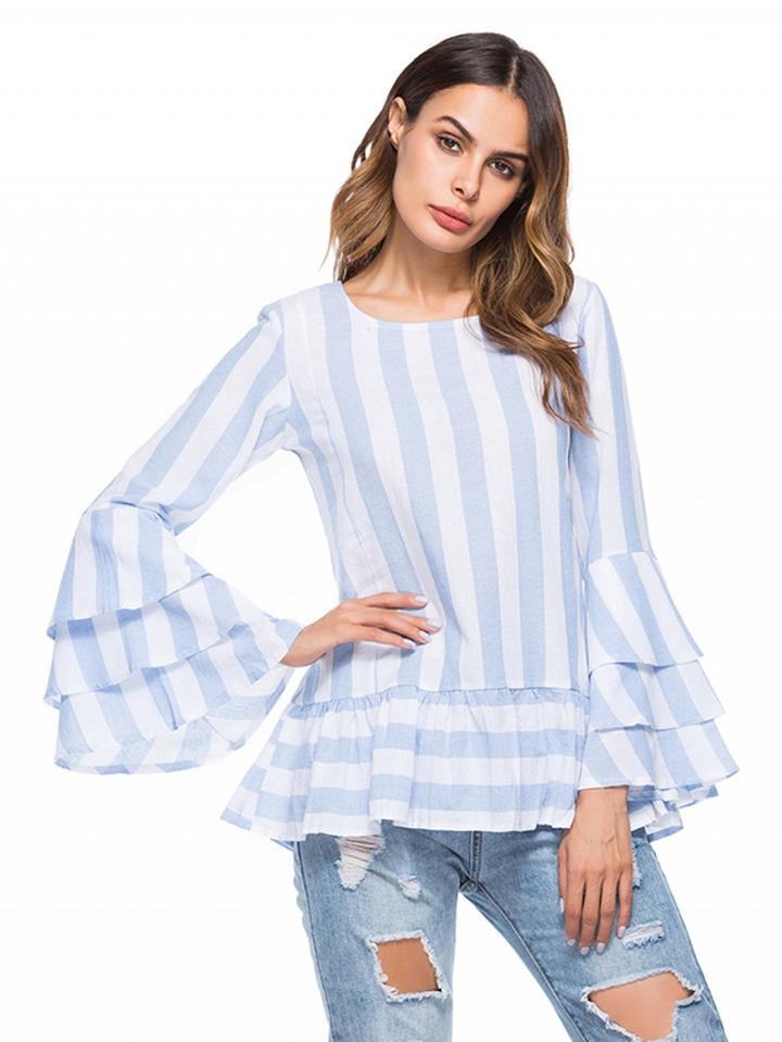 Choies Blue Stripe Ruffle Hem Layered Flare Sleeve Blouse