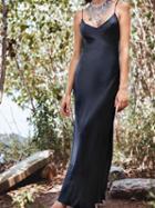 Choies Black Satin Look V-neck Thigh Split Side Women Cami Maxi Dress