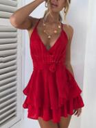 Choies Red V-neck Tie Waist Open Back Chic Women Cami Mini Dress