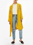 Choies Yellow Lapel Open Front Tie Waist Floral Embroidery Coat