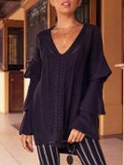 Choies Black V-neck Layered Flare Sleeve Chic Women Knit Sweater