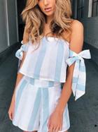 Choies Light Blue Stripe Off Shoulder Crop Top And High Waist Short
