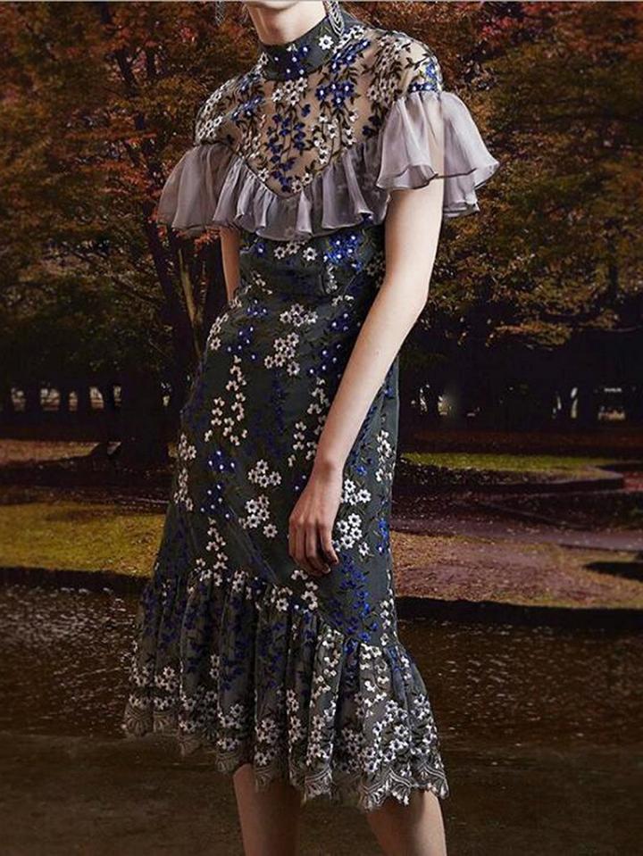 Choies Polychrome Floral Embroidery Sheer Mesh Panel Chic Women Midi Dress