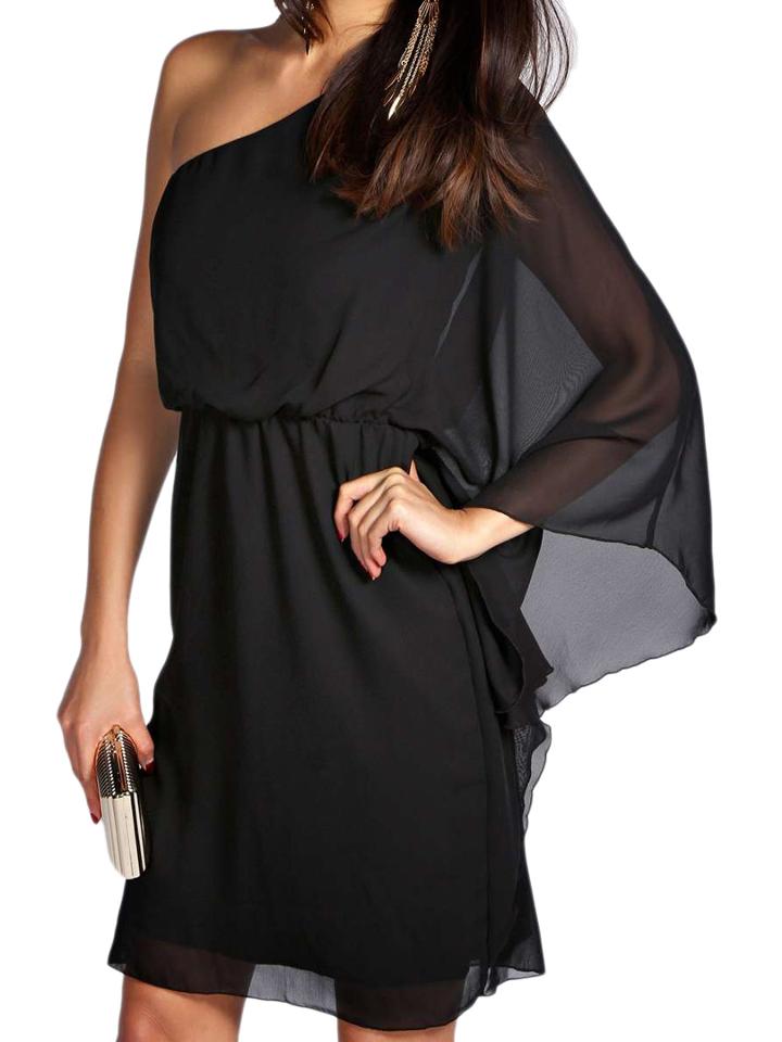 Choies Black Batwing Sleeve Single Shoulder Chiffon Dress