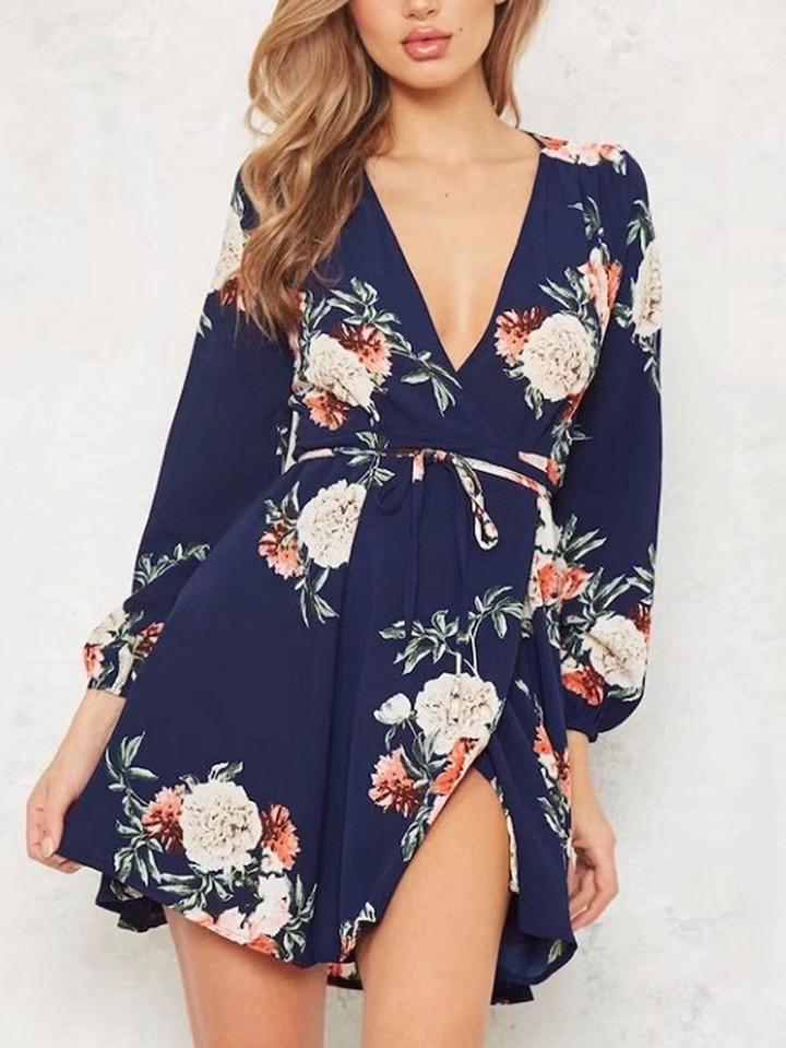 Choies Dark Blue V-neck Tie Waist Floral Print Long Sleeve Mini Dress