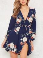 Choies Dark Blue V-neck Tie Waist Floral Print Long Sleeve Mini Dress