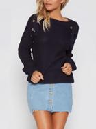 Choies Navy Eyelet Lace Up Detail Pointelle Stitch Long Sleeve Knit Jumper
