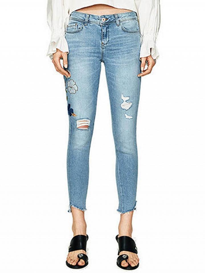 Choies Blue Embroidery Floral Ripped Skinny Jeans