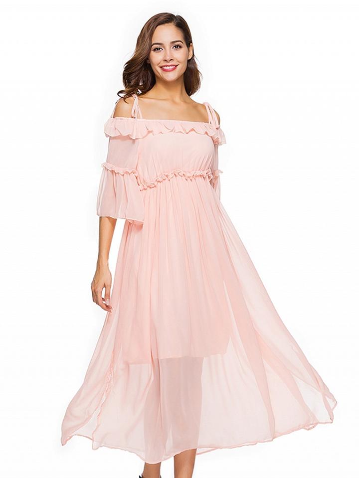 Choies Pink Tie Shoulder Frill Trim Split Detail Dress