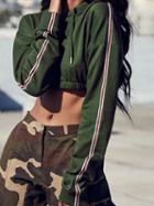 Choies Green Cotton Stripe Panel Long Sleeve Chic Women Crop Hoodie