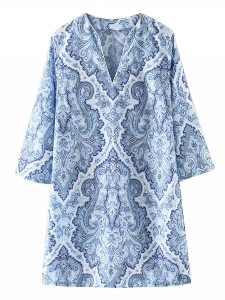 Choies Blue V-neck Tile Print 3/4 Sleeve Shift Dress