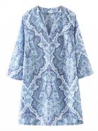 Choies Blue V-neck Tile Print 3/4 Sleeve Shift Dress