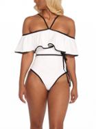 Choies White Halter Ruffle Contrast Trim Tie Waist Swimsuit