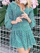 Choies Green Chiffon Plunge Floral Print Puff Sleeve Chic Women Mini Dress
