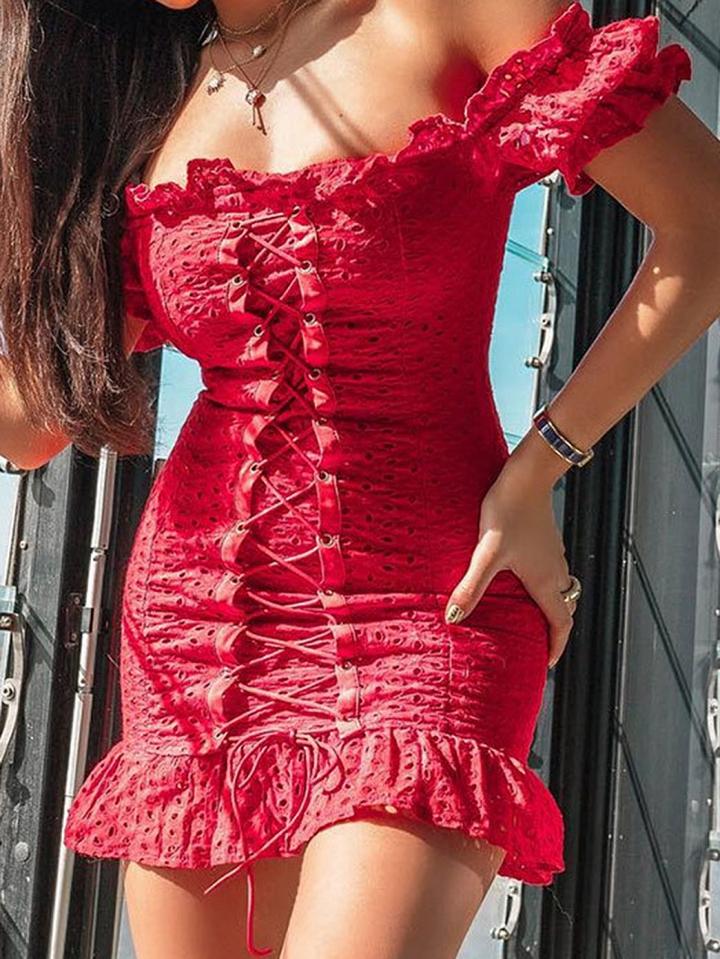 Choies Red Off Shoulder Eyelet Lace Up Front Chic Women Lace Mini Dress