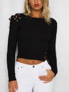 Choies Black Lace Up Detail Long Sleeve Rib Knit Sweater