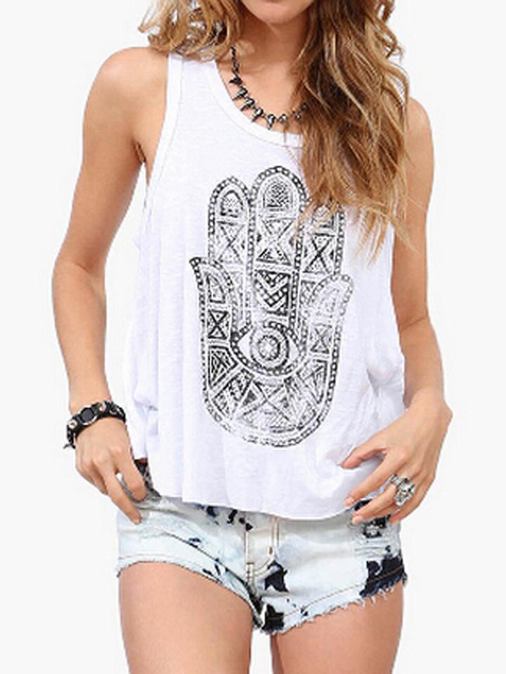 Choies White Hamsa Hand Print Cross Back Vest