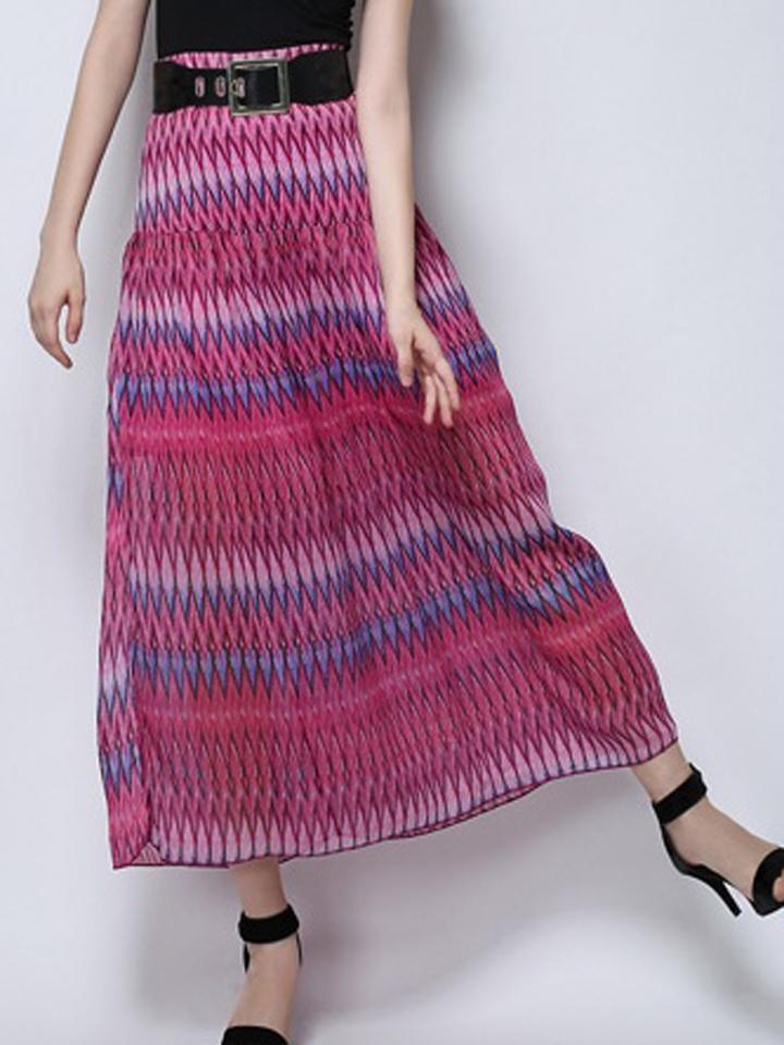 Choies Rose Red Pop Print Belt Waist Ruched High Waist Maxi Skirt