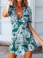 Choies Green Plunge Leaf Print Mini Dress
